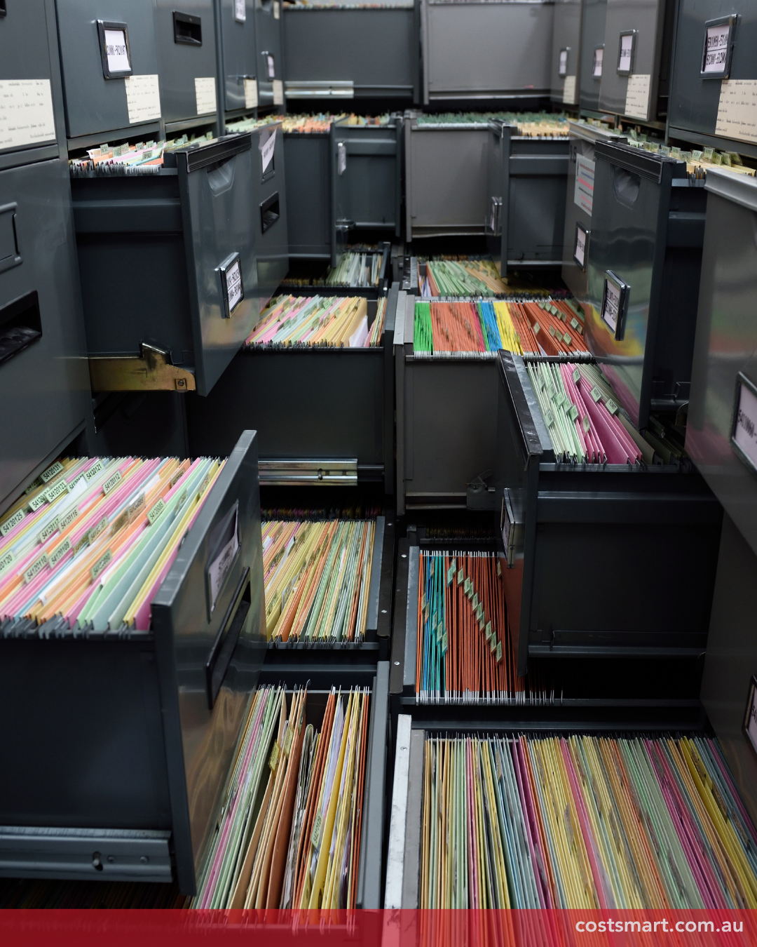 A professional photo for CostSmart for a blog titled 'The Transition to Active Records Management' featuring the company logo over a background of organised, colour-coded office filing cabinets and document archives.