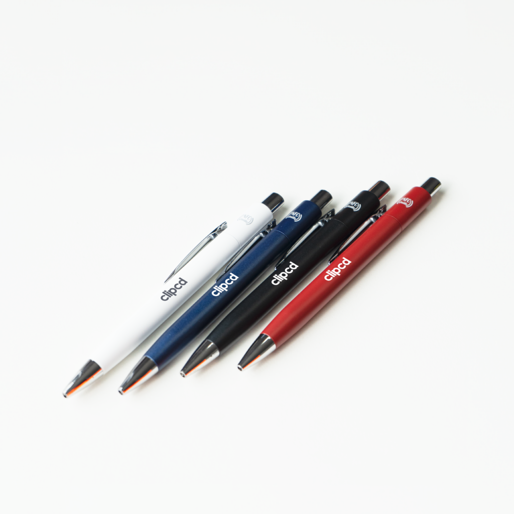 Four SmartScribe Re-AL NFC promo products in white, blue, black, and red showing the 'clipcd' branding and NFC logo. Sold by CostSmart