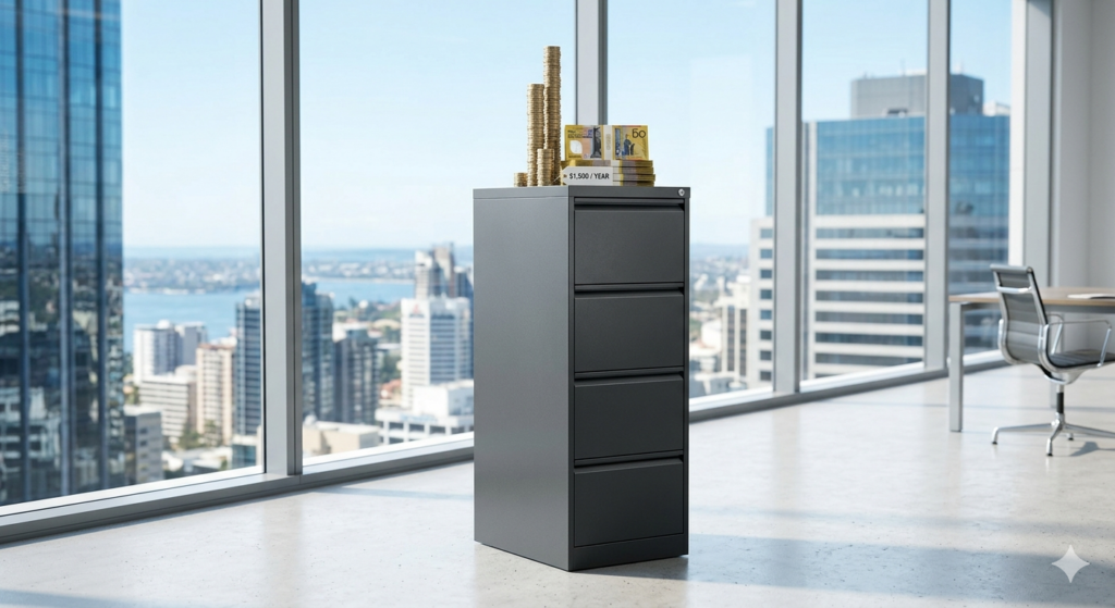 Conceptual image of a filing cabinet in a modern high-rise office with a $1,500 year label, highlighting the hidden costs of on-site document storage in Australia.