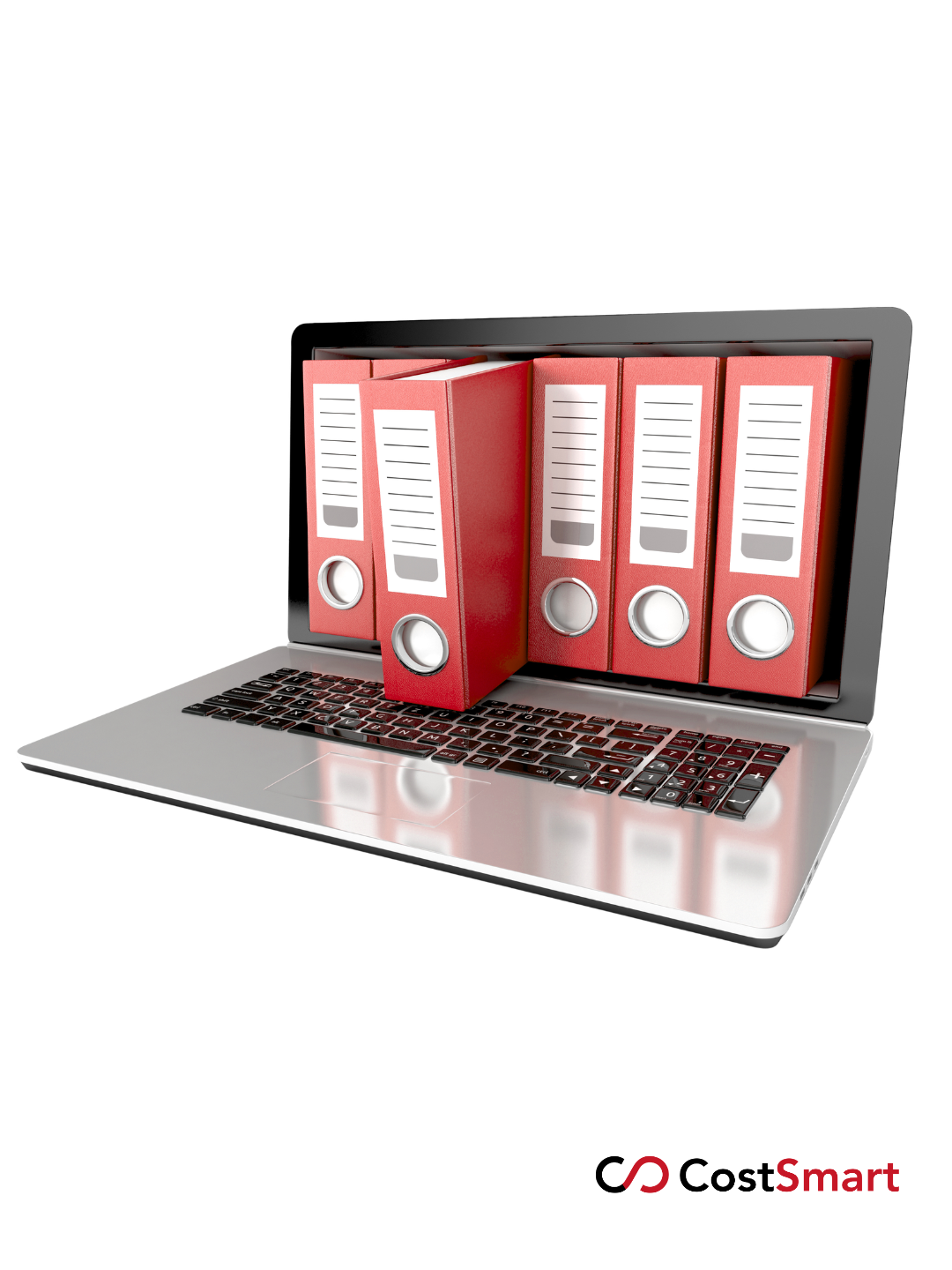 A laptop displaying digital binders emerging from the screen, representing modern document storage technology and the TR-BarCode records management platform by CostSmart.