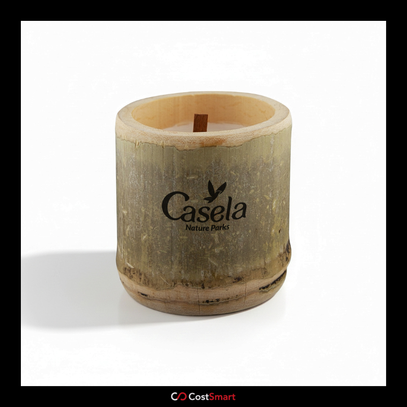 A sustainable vanilla-scented candle housed in a natural, uniquely grained bamboo. he candle uses a soybean and beeswax blend with a wooden wick. It is advertised by CostSmart.