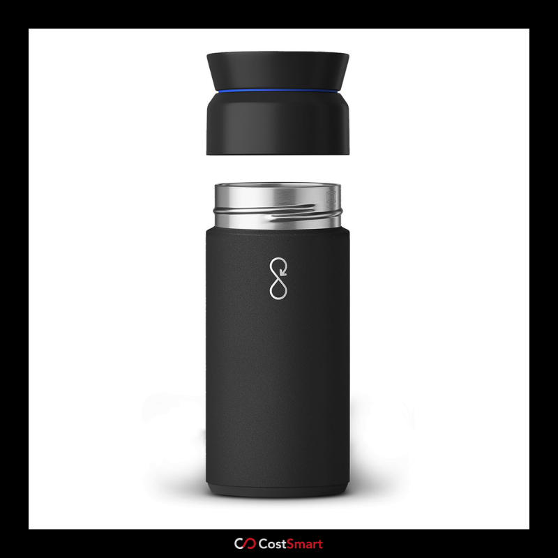 A sleek, matte black Ocean Bottle Brew Flask with its lid hovering above the stainless steel rim. Advertised by CostSmart.