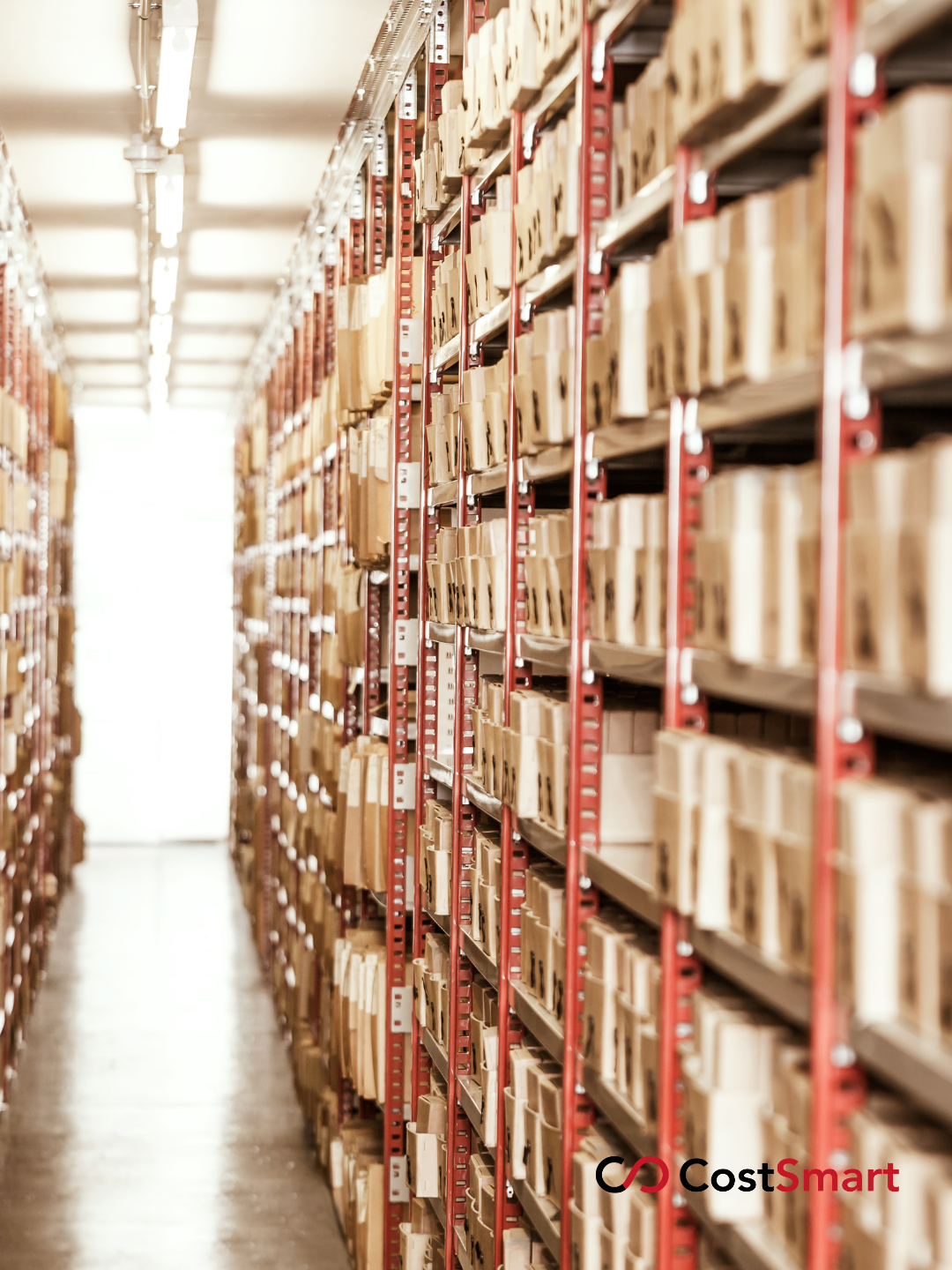 An organised archive aisle with red industrial shelving filled with document folders and boxes, representing professional corporate record storage for CostSmart.