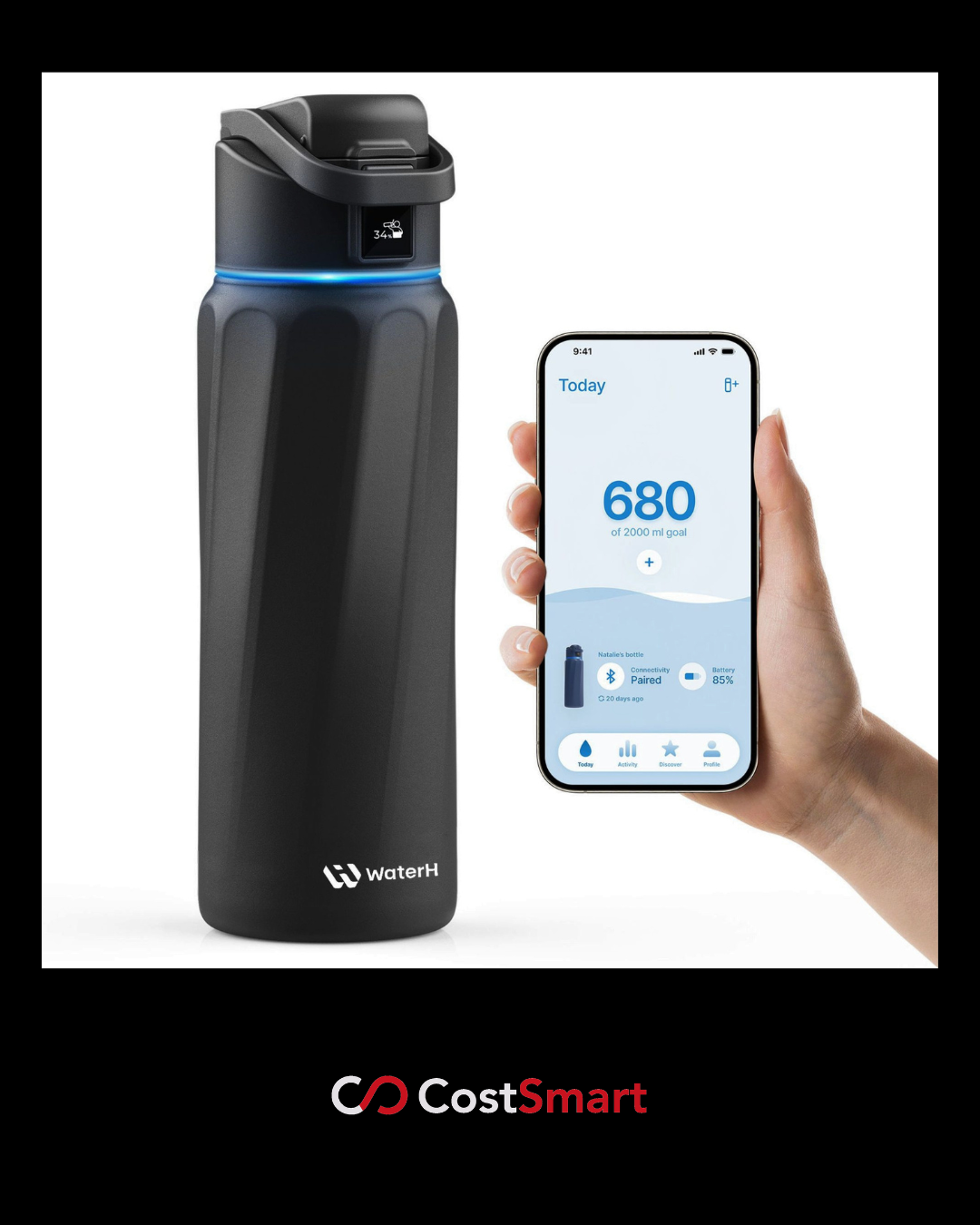 : A matte black WaterH Boost Smart Water Bottle featuring a glowing blue 360-degree LED reminder ring and the WaterH logo at the base. To the right, a smartphone displays the WaterH tracking app showing hydration progress and battery levels. The image includes the CostSmart logo at the bottom, highlighting the bottle as a premium corporate wellness product.