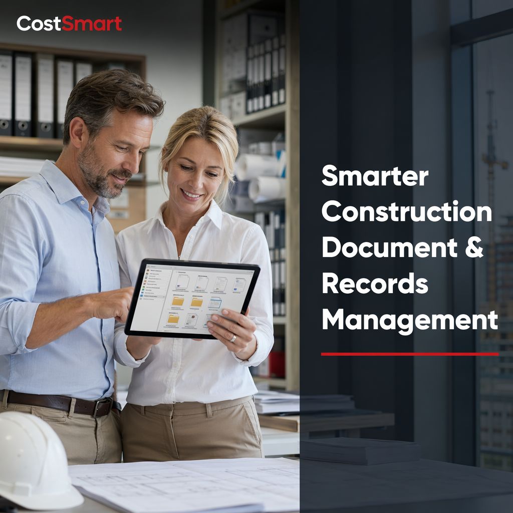 Two professionals review digital records on a tablet in an office filled with blueprints and archiving shelves. Includes the CostSmart logo and the text: Smarter Construction Document & Records Management.