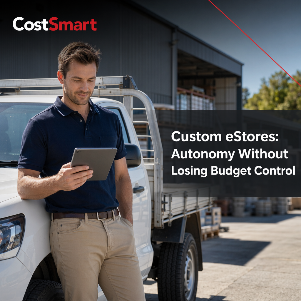 Australian field sales representative beside a white work ute using a tablet to order branded merchandise through a CostSmart custom eStore for business.